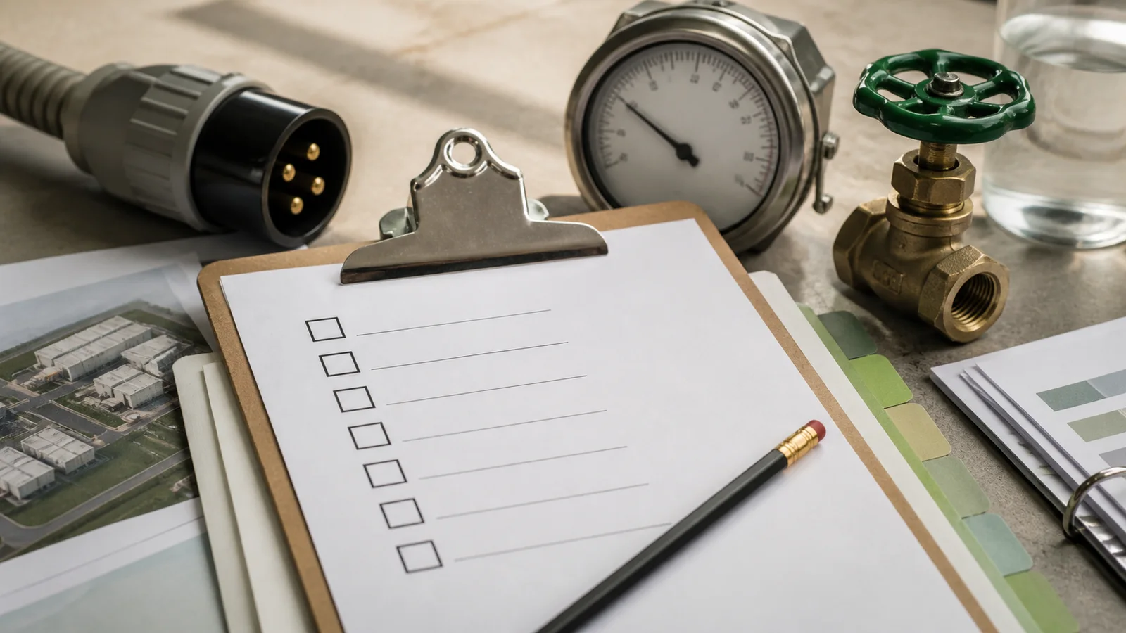 A blank audit checklist beside an electric meter dial, water valve and power connector.