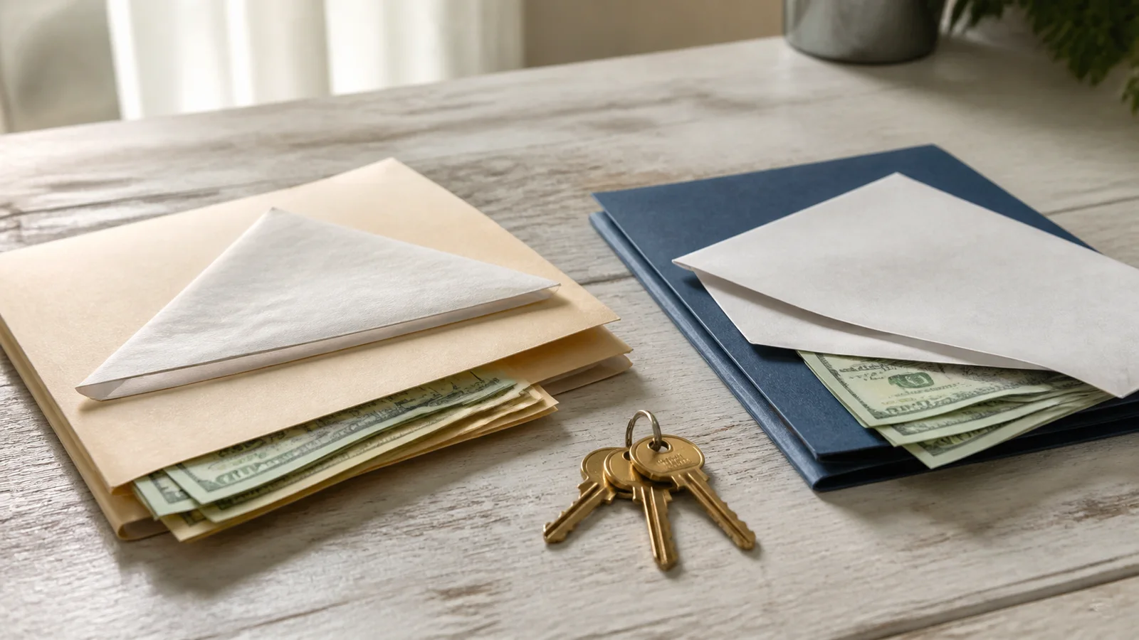 Separate folders and envelopes for closing cash and emergency savings with house keys set aside.