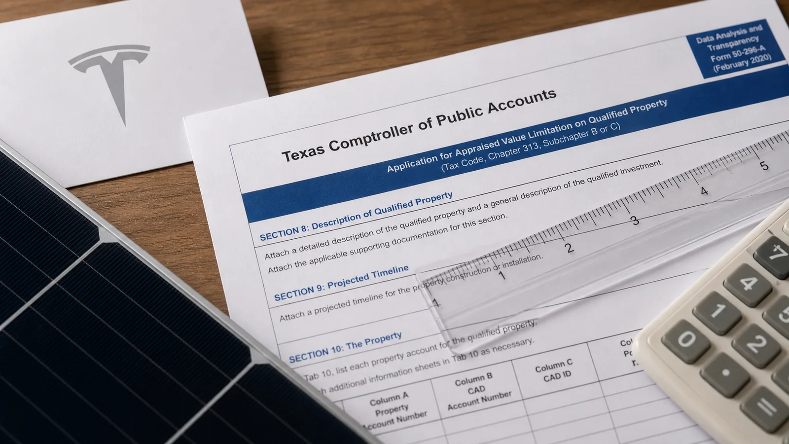 Tesla-branded filing documents arranged with tax-analysis tools on a desk