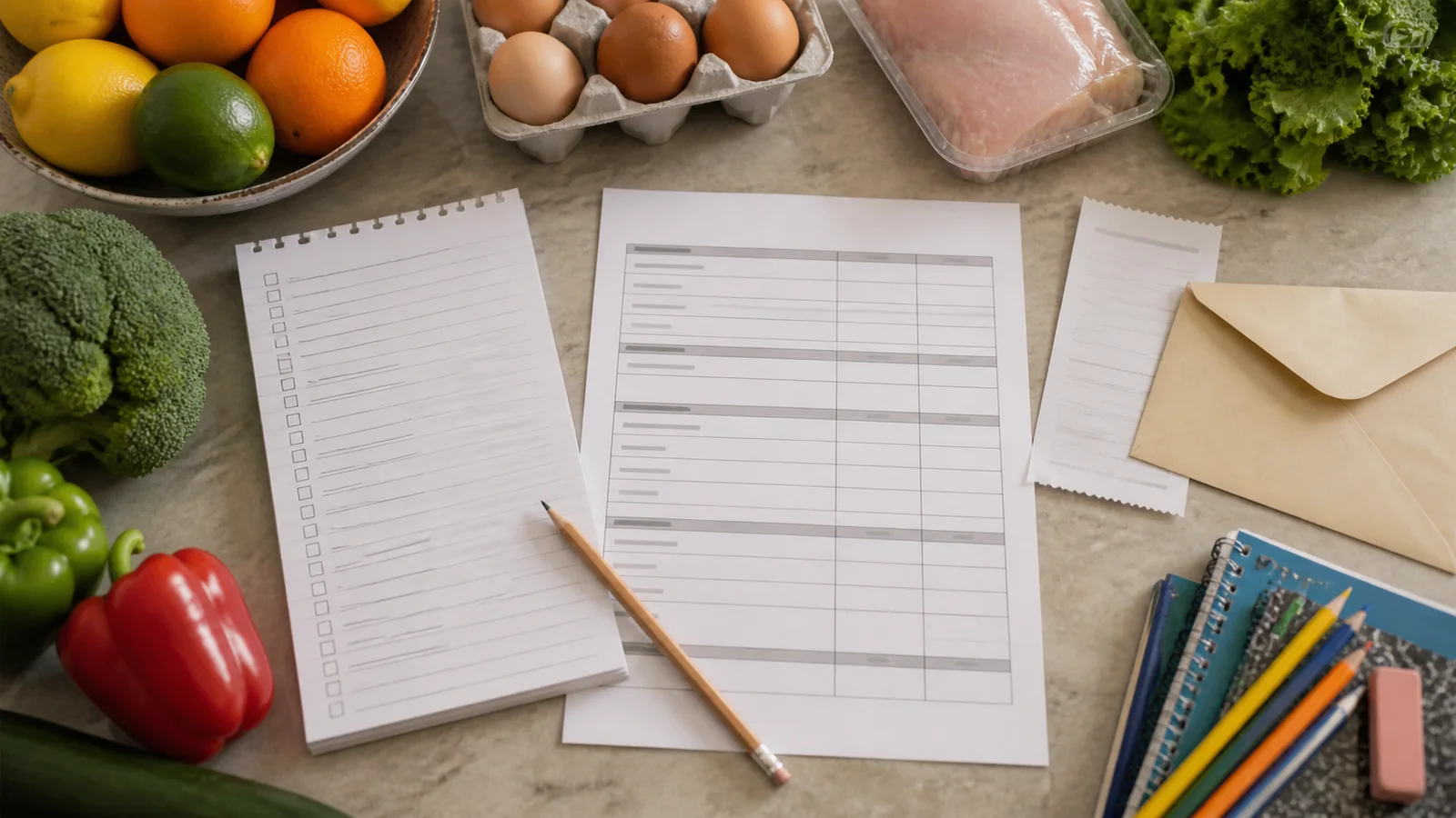 A grocery list beside a Miami household budget worksheet shows food spending competing with rent, gas and other recurring bills.