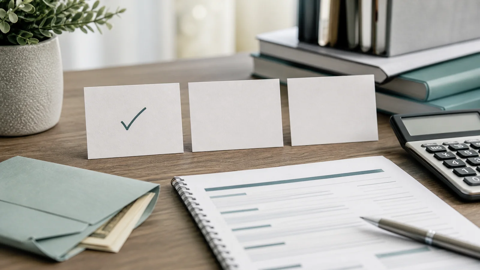 Three blank checkpoint cards sit beside a calculator, budget envelope and benefit-planning worksheet.