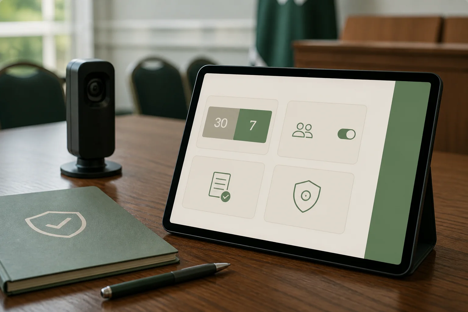 A Flock Safety-inspired tablet interface with unlabeled oversight controls beside a policy folder and camera device.