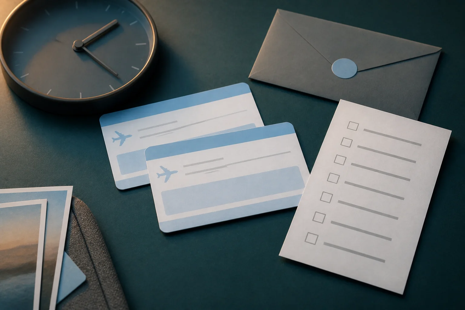 A staged refund checklist scene with blank itinerary cards, a clock and an envelope on a tabletop.