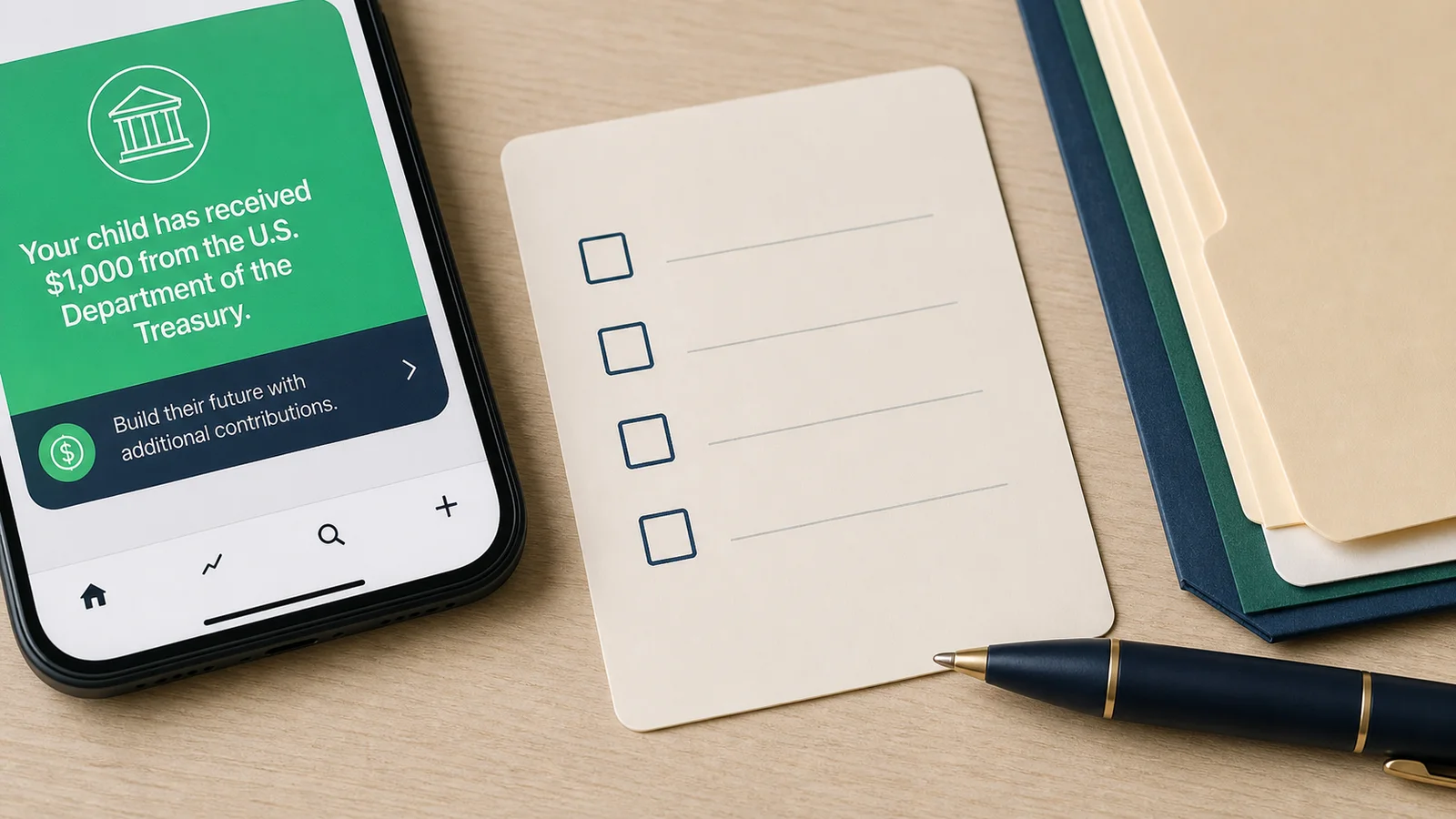 A Trump Accounts-style phone screen sits next to a blank checklist and organized savings folders.