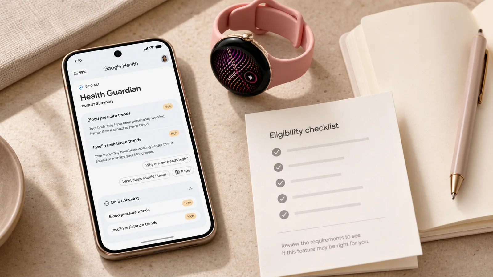 Google Health Guardian displayed beside a Pixel Watch, a blank notebook and an eligibility checklist.