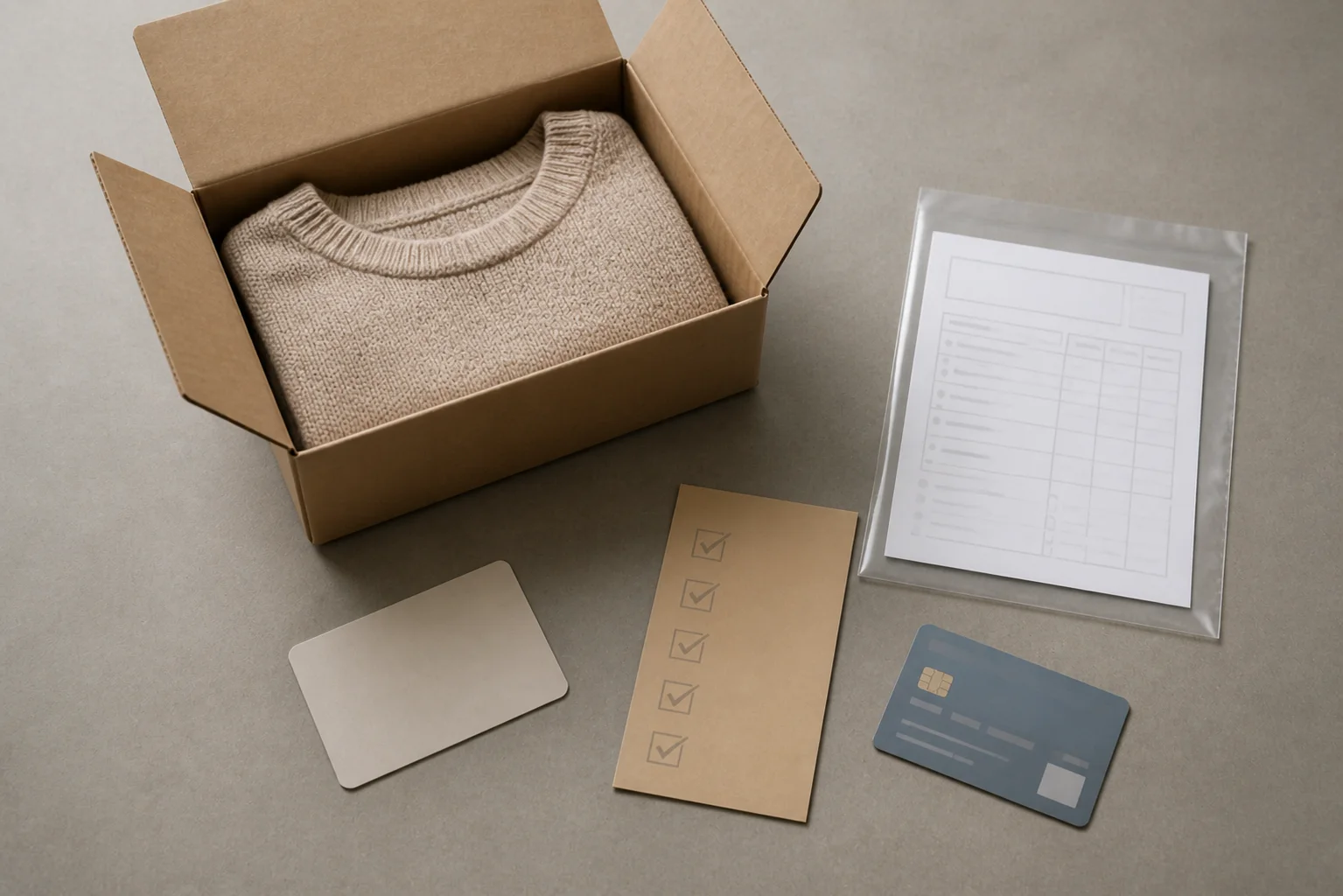 An open parcel, origin card, fee pouch and five checked boxes sit beside a payment card held apart.