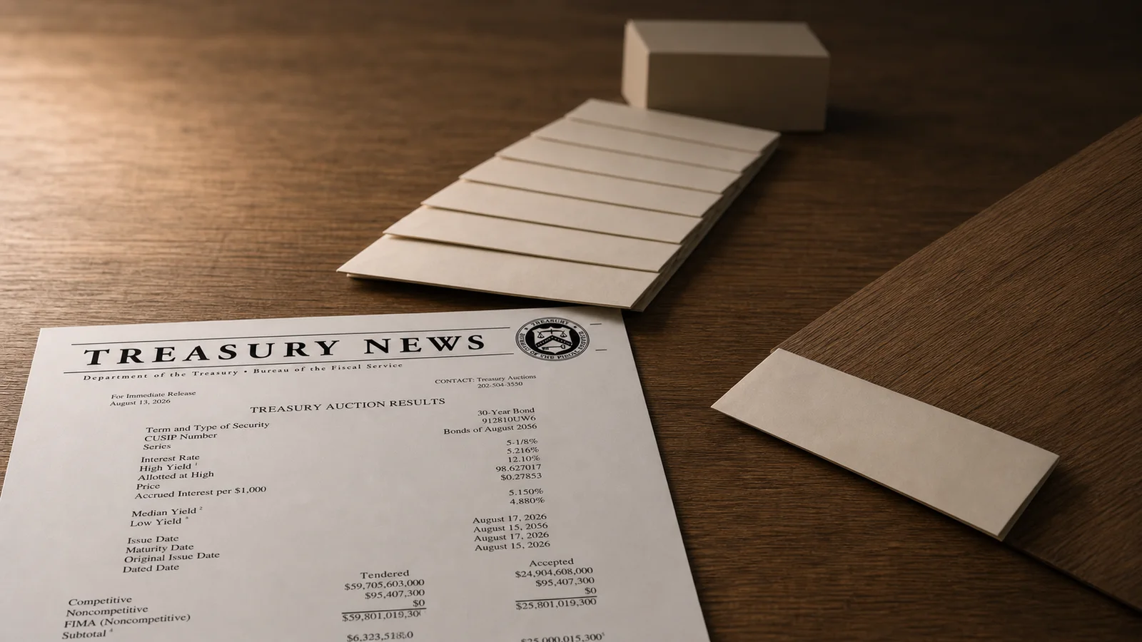 Treasury auction sheet beside a long row of payment envelopes, with one removed before the maturity box