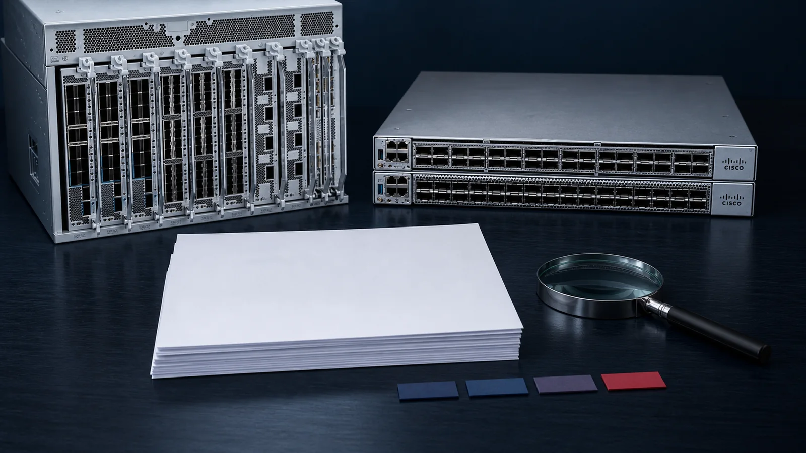 Cisco routers above an earnings packet marked with four unlabelled review tabs and a magnifying glass