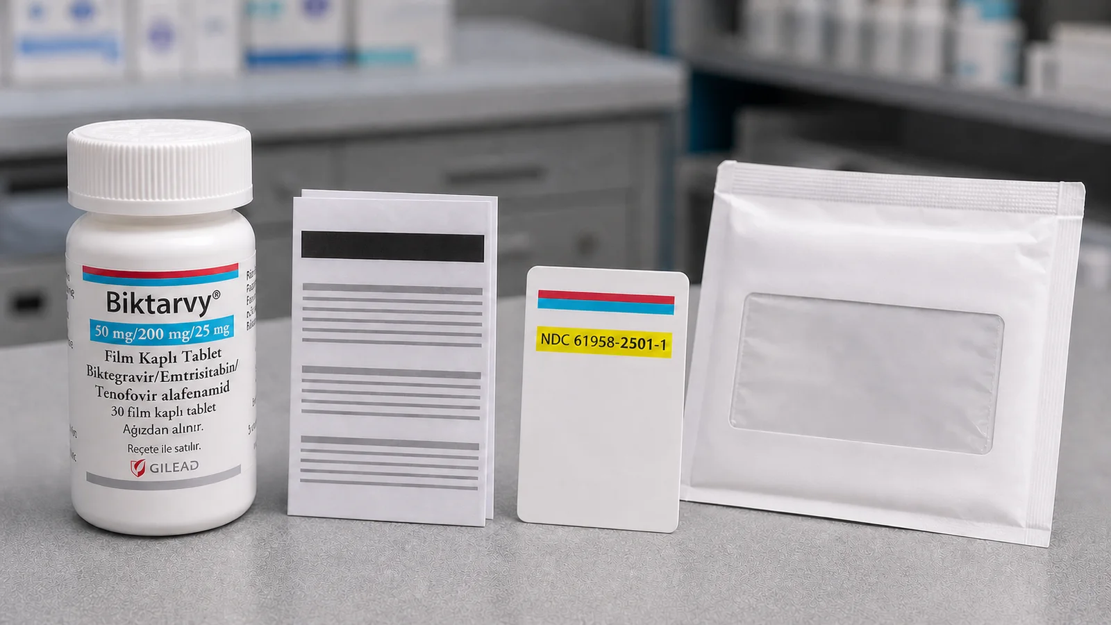 Biktarvy bottle beside patient-information, NDC verification and temperature-monitoring materials