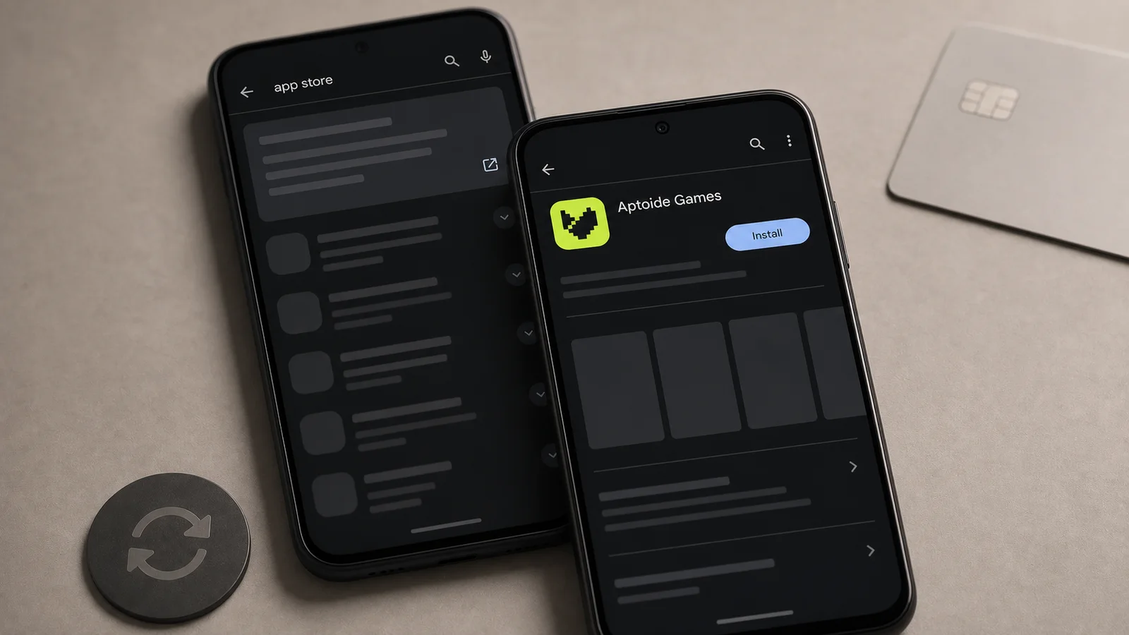 Two Android phones compare Google Play's rival-store search step with an Aptoide Games install listing