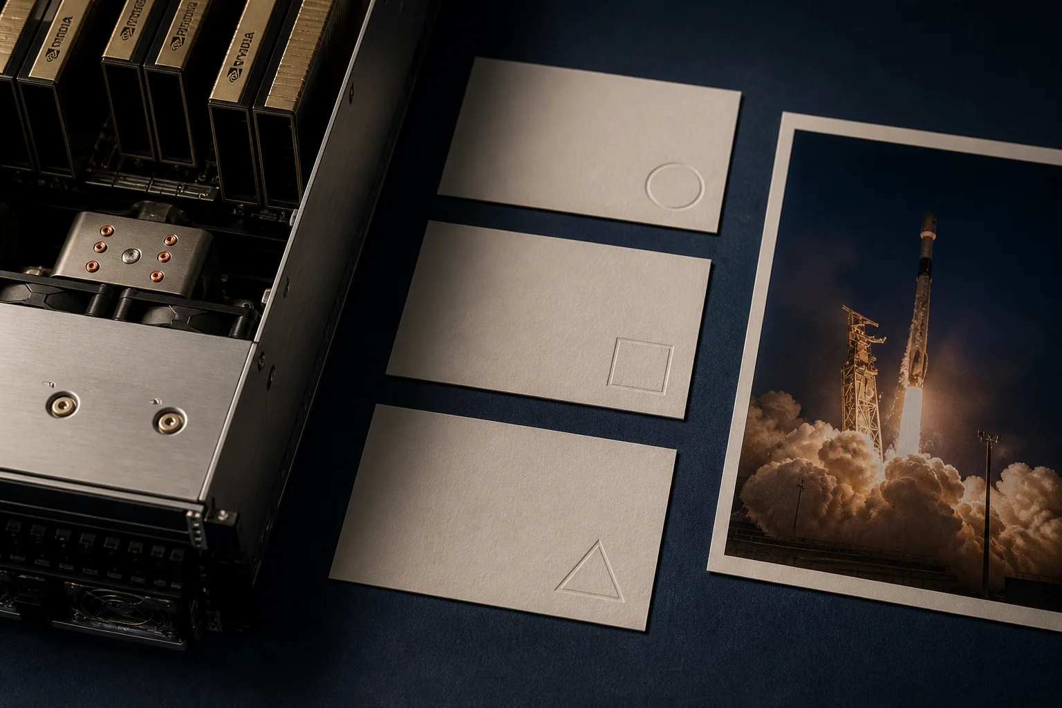 Three blank record cards between Nvidia computing hardware and a small SpaceX Falcon 9 launch photograph illustrate separate filing-analysis steps.