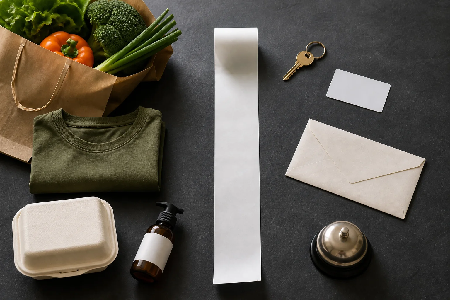 A blank receipt divides retail goods and restaurant items from house, transit, insurance and hotel service objects