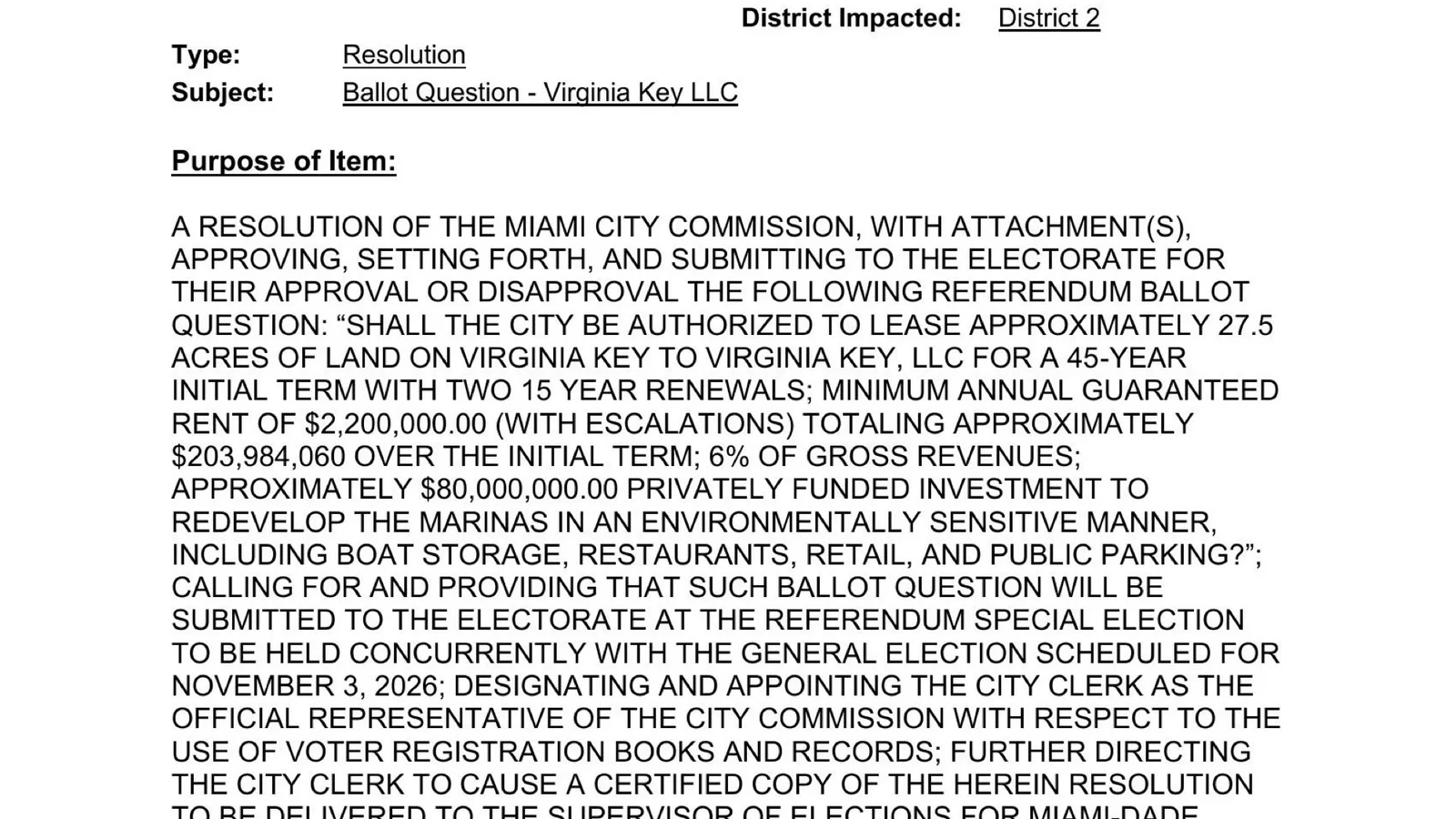 The official Miami ballot question listing the Virginia Key marina lease term, rent and private investment.