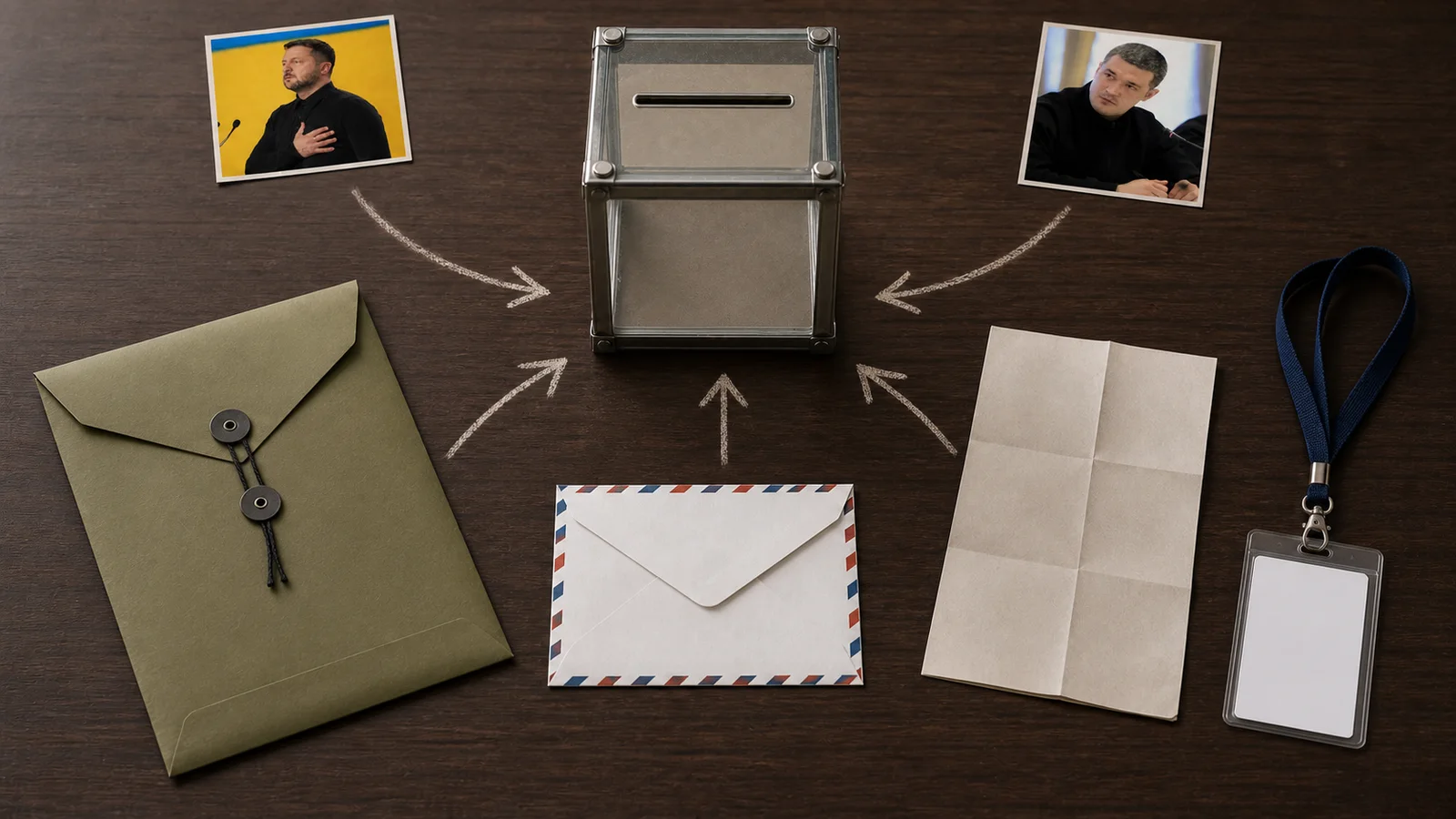 Four unmarked voting-material paths for military, overseas, displaced and observer access converge on an empty ballot box beneath separate photos of Zelenskyy and Fedorov.