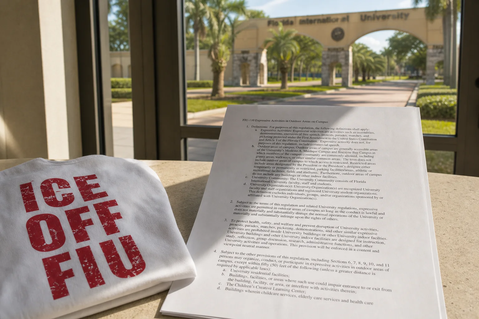 FIU Regulation 110 and a folded ICE OFF FIU shirt sit across a line of sunlight and shade with the university entrance visible behind them.