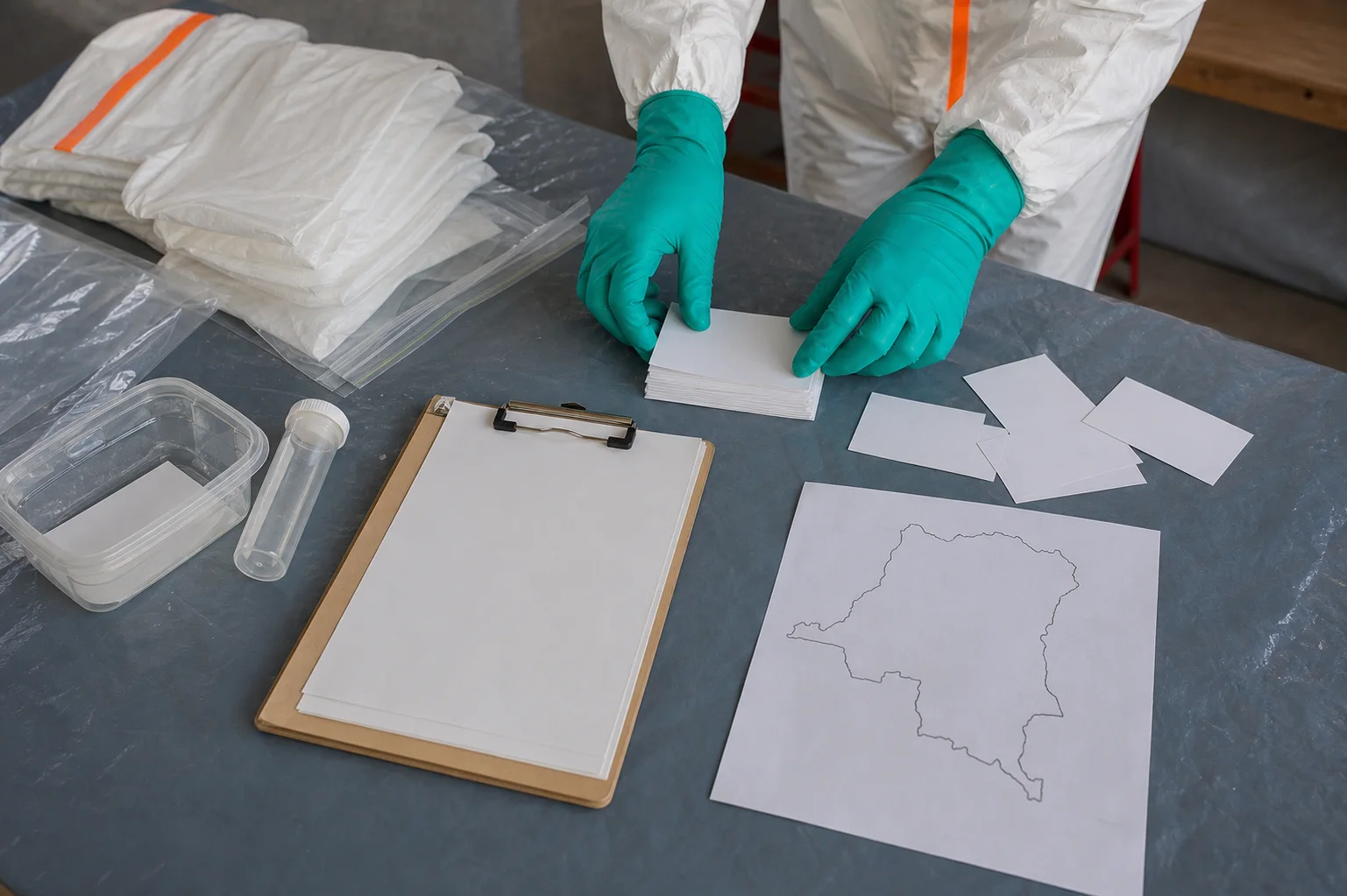 Blank tracing cards and protective equipment arranged around a map of the Democratic Republic of the Congo