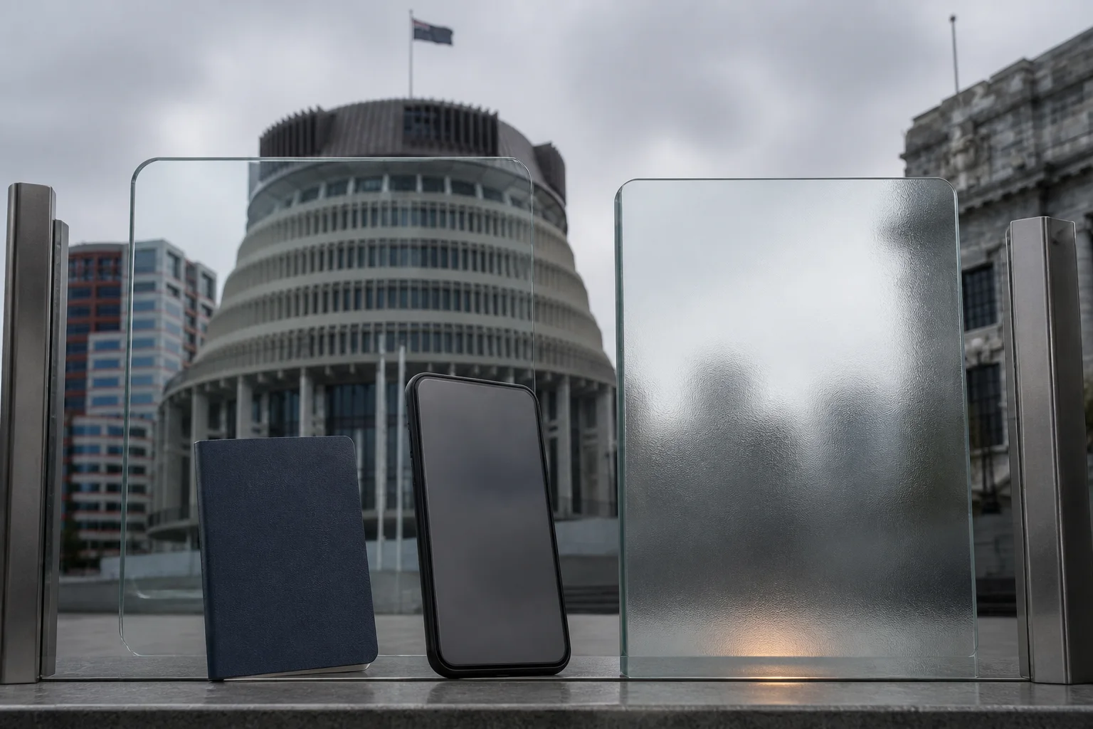 Blank identity booklet and neutral phone behind privacy glass with New Zealand Parliament’s Beehive visible beyond