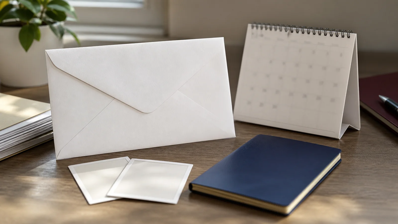 A blank medical envelope, passport, photo prints and unreadable desk calendar arranged for document review.