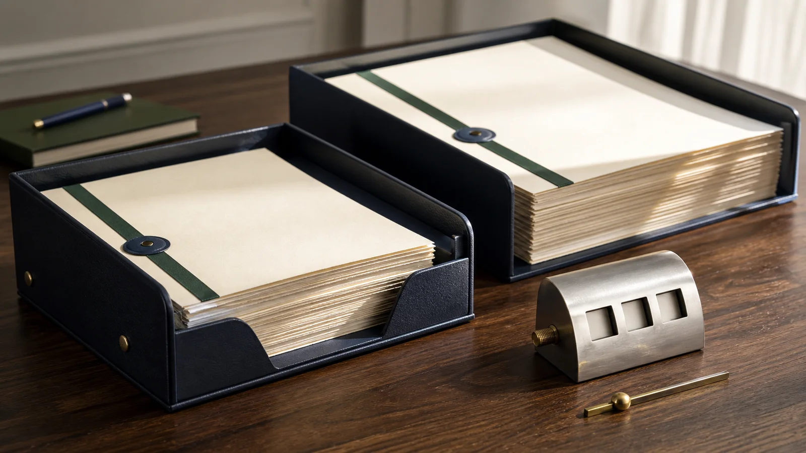 A thick agreement packet passes through two document-review trays beside an unlabeled mechanical counter.