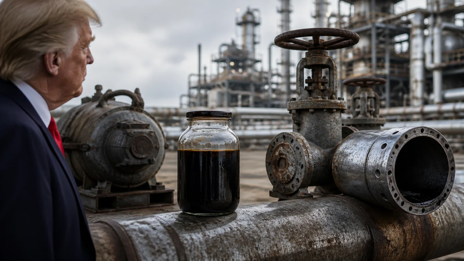 A source-grounded editorial scene of Donald Trump beside heavy crude, idle pipeline equipment and an unfinished connection.