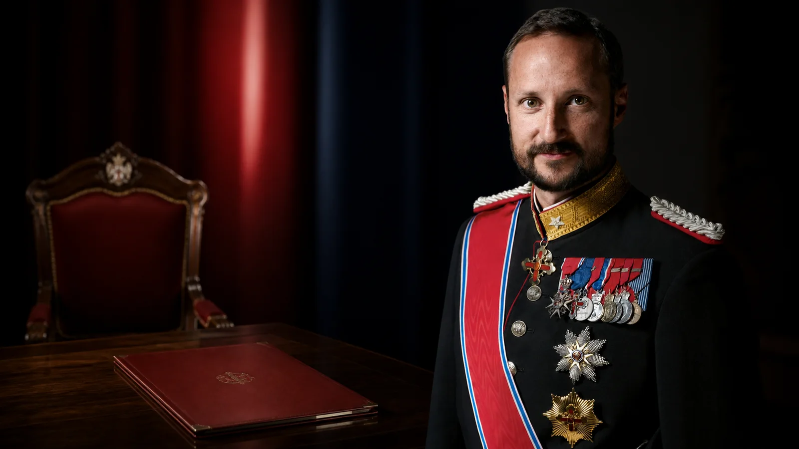 A source-grounded editorial portrait of King Haakon VIII beside a closed constitutional folder and subdued national colors.