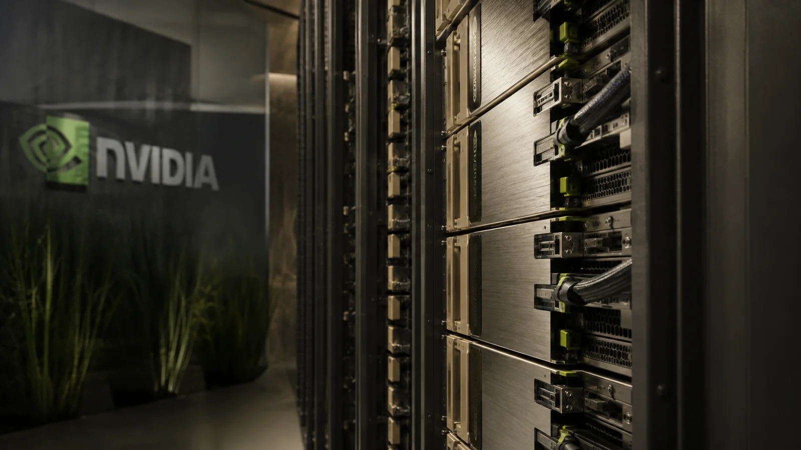 Close view of NVIDIA computing racks receding into a dark infrastructure corridor
