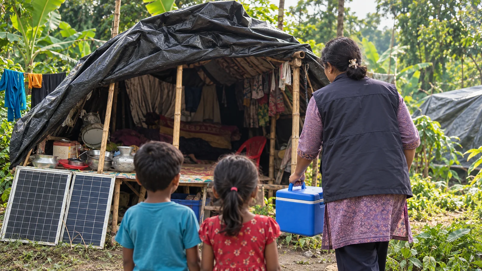 A source-grounded editorial scene of vaccine outreach reaching a temporary rural household in Bangladesh