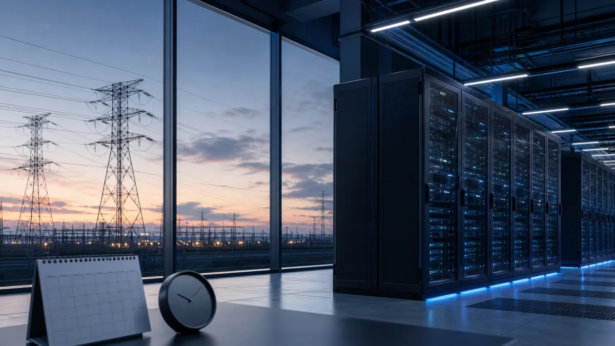 Generic editorial image of data center server racks beside electric transmission lines and a desk clock