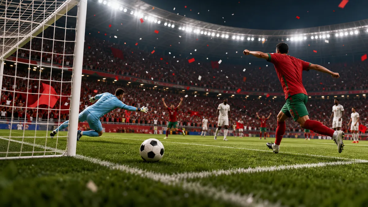 Generic soccer scene under stadium lights with red and white crowd colors after a goal