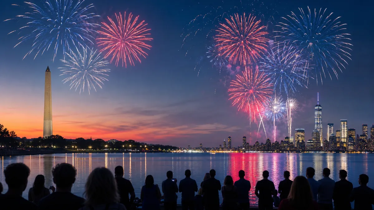 Generic editorial illustration of fireworks over Washington and New York skylines for America 250
