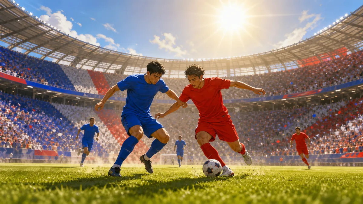 Editorial illustration of two soccer players competing in a sun-baked stadium during extreme heat