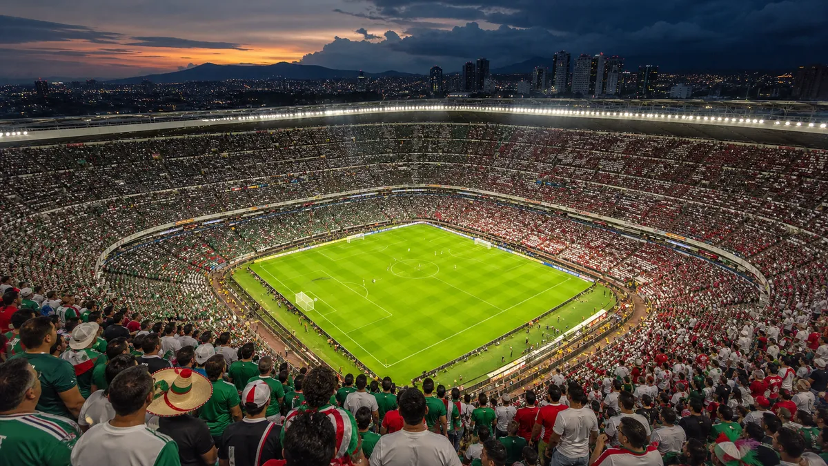 Generic World Cup stadium scene in Mexico City at dusk with storm clouds beyond the lights