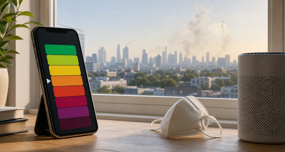 Generic editorial image of a phone showing air quality colors beside a mask, air purifier, and hazy city skyline after fireworks