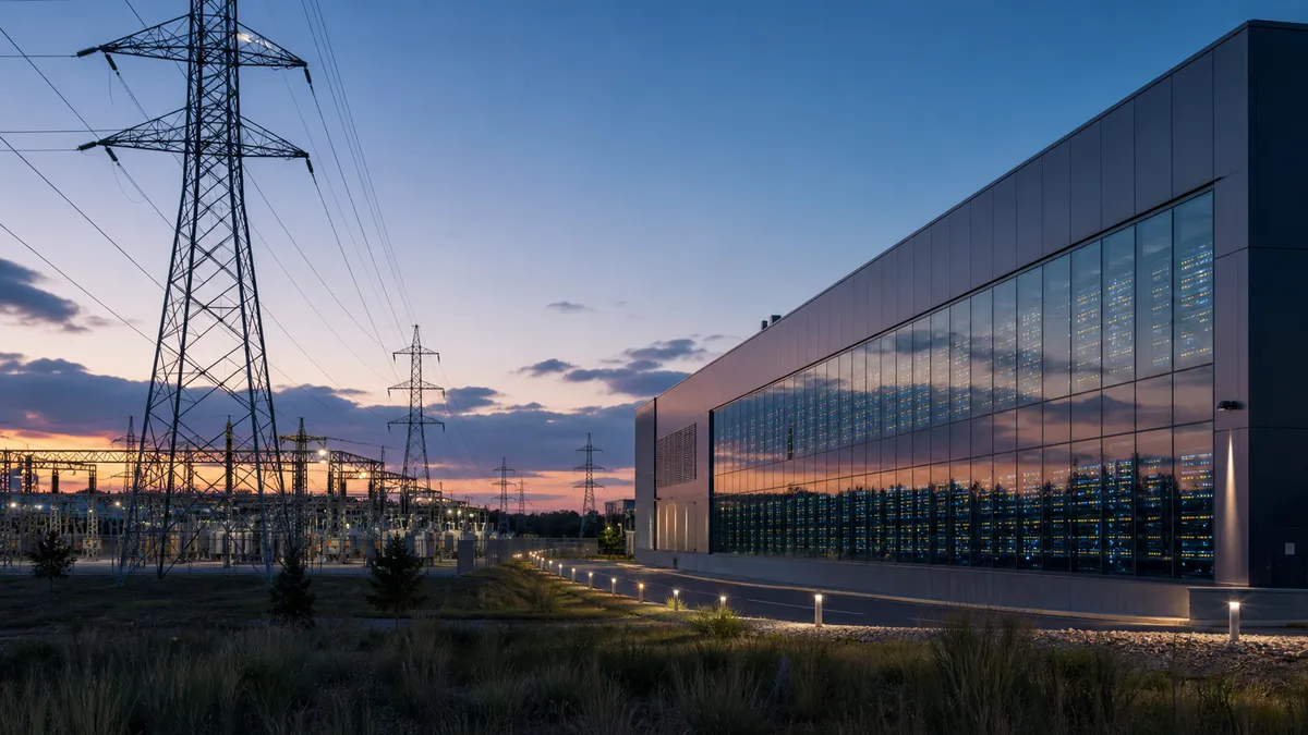 A modern data center beside electric transmission lines and a power substation at dusk