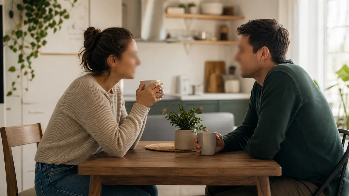 Two adults sitting at a kitchen table during a calm relationship conversation