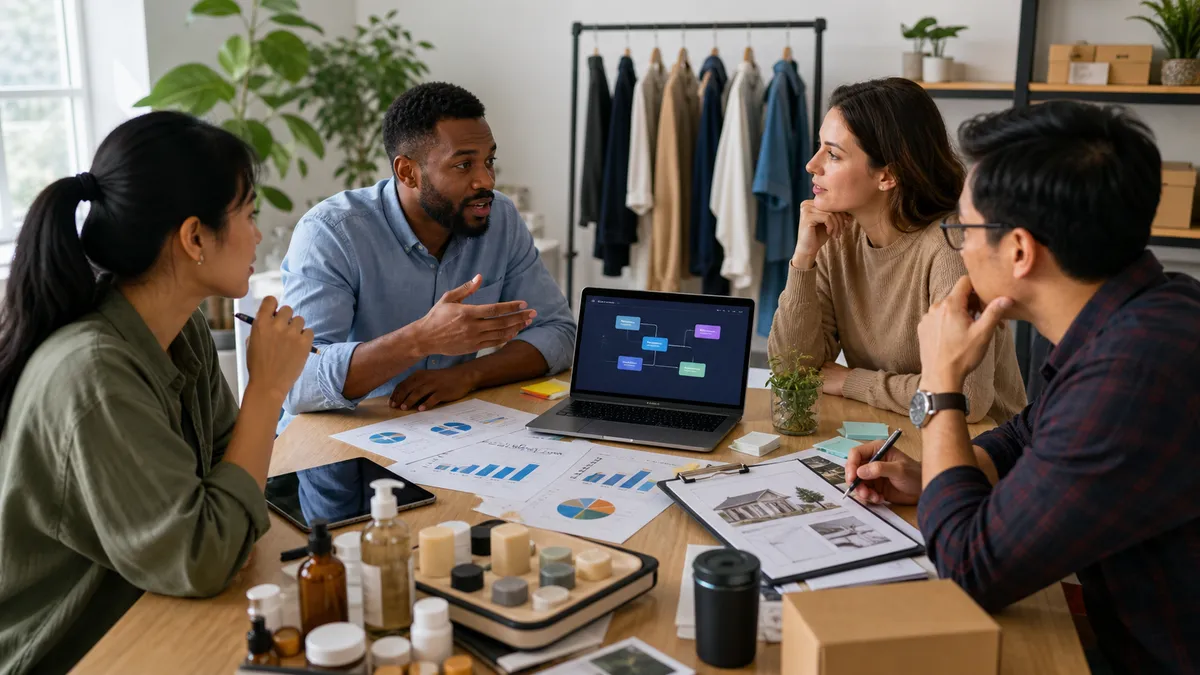 Entrepreneurs reviewing charts, product samples and workflow plans around a conference table
