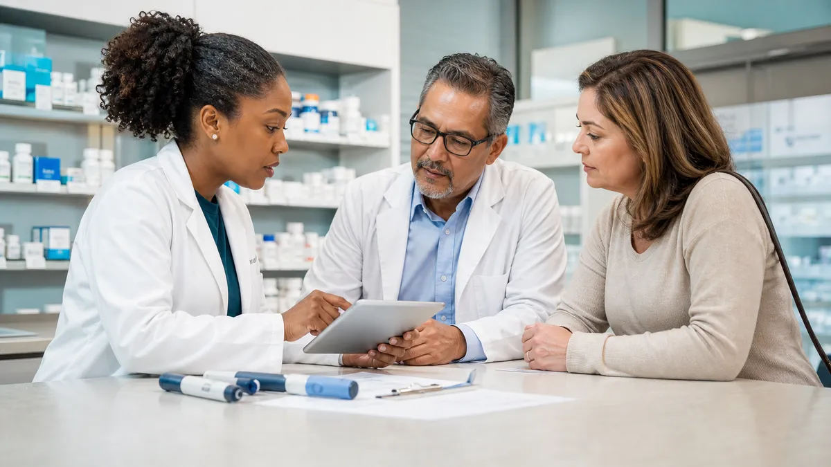 Clinicians and a patient reviewing a medication plan in a pharmacy consultation
