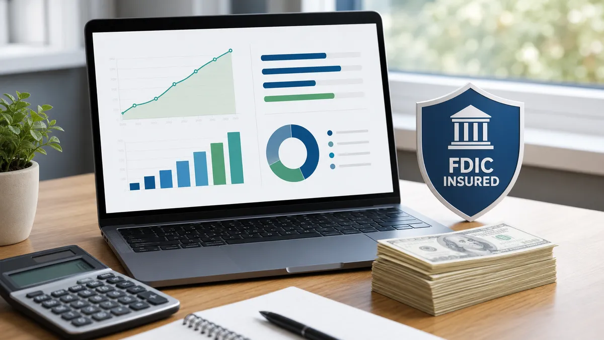A laptop with savings charts beside cash and a generic FDIC-insured shield