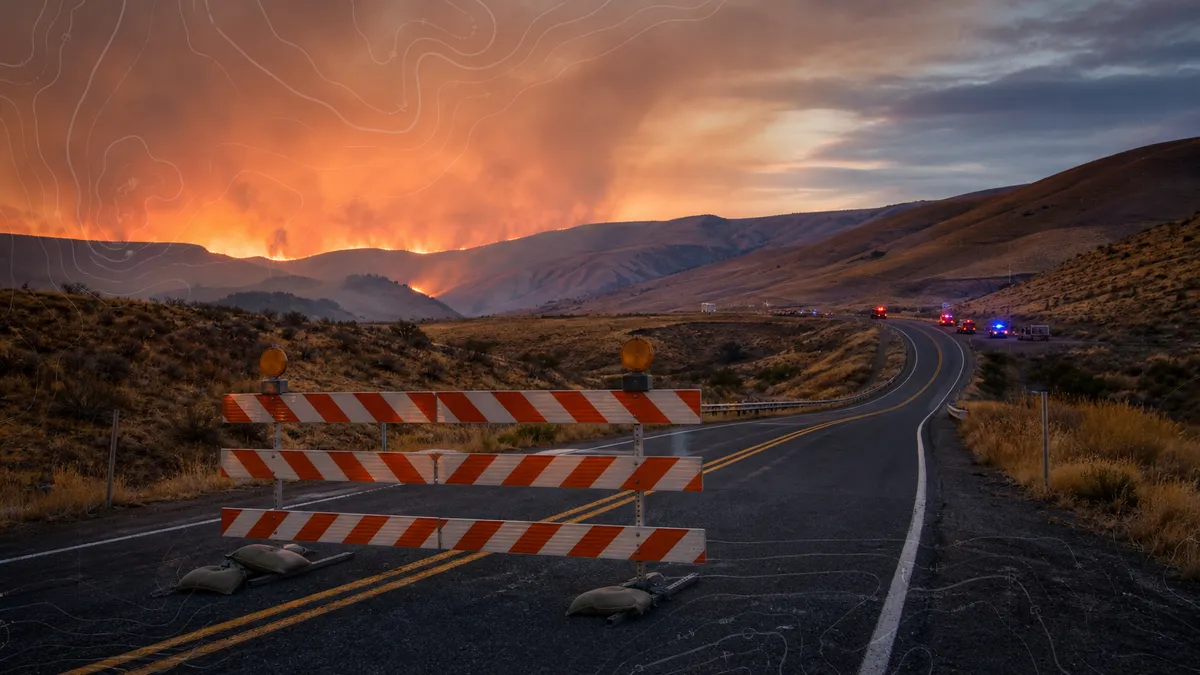 Generic editorial image of a wildfire evacuation road closure in dry hills