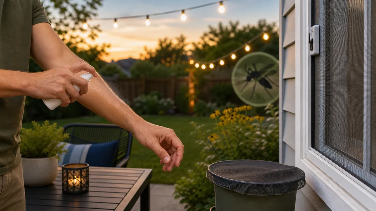 Generic editorial image of a person applying insect repellent near a screened window at dusk