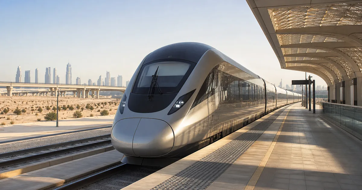 Modern intercity train at a UAE station platform with desert landscape in the distance