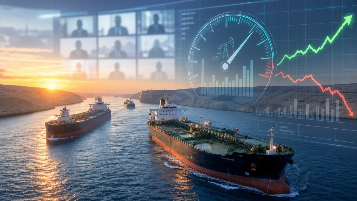 Editorial illustration of oil tankers, a production gauge and market charts