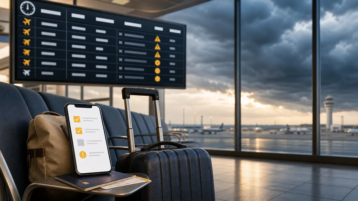 Generic editorial image of airport delay information, a travel checklist and storm clouds outside a terminal