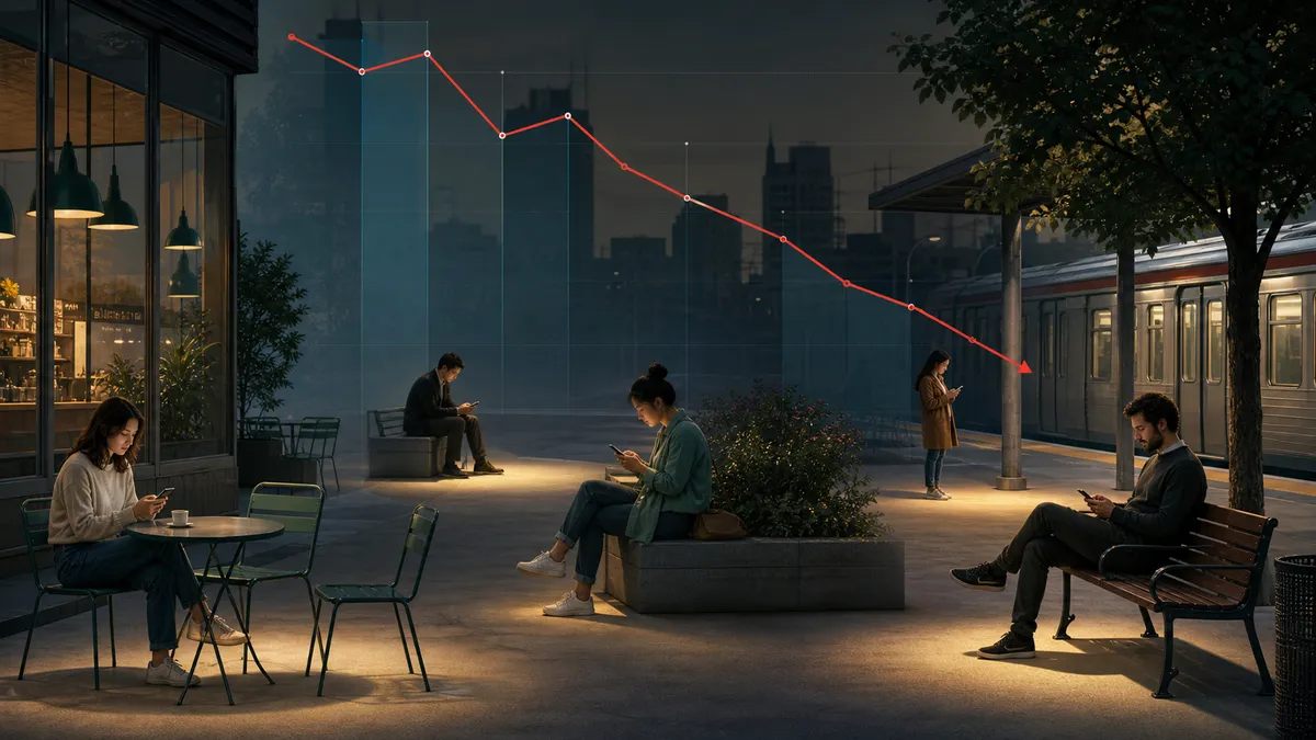 Editorial illustration of people apart in public spaces with a declining social time chart