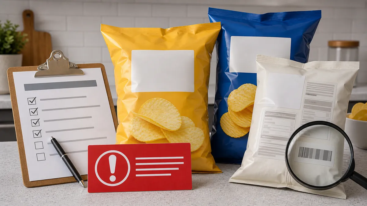 Generic editorial image of recalled snack bags, a food safety checklist and a warning label