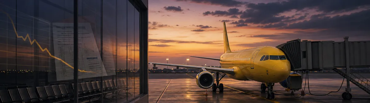 Editorial illustration of a generic low-cost airliner at an empty gate with financial charts reflected in terminal glass