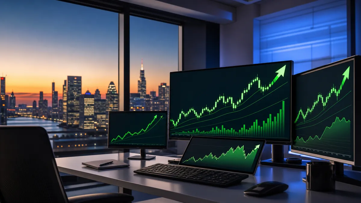 Generic editorial image of green market charts on trading monitors at dusk