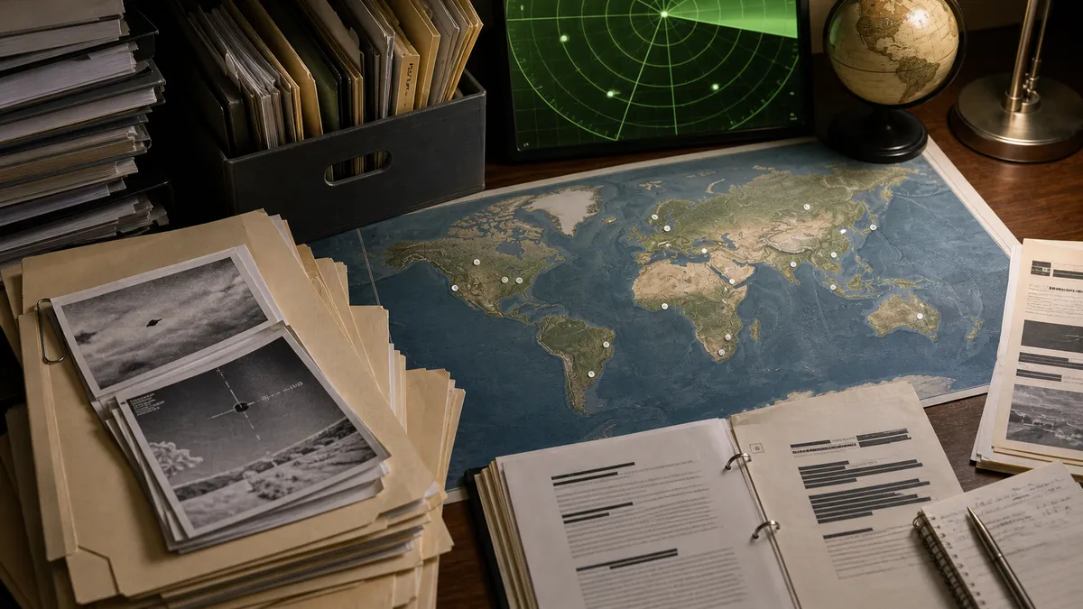 Archive folders, a radar screen, and a world map representing government UAP records