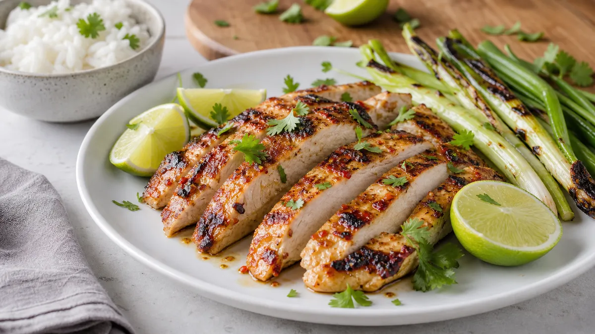 Spicy lime chicken with cilantro and lime wedges on a white plate