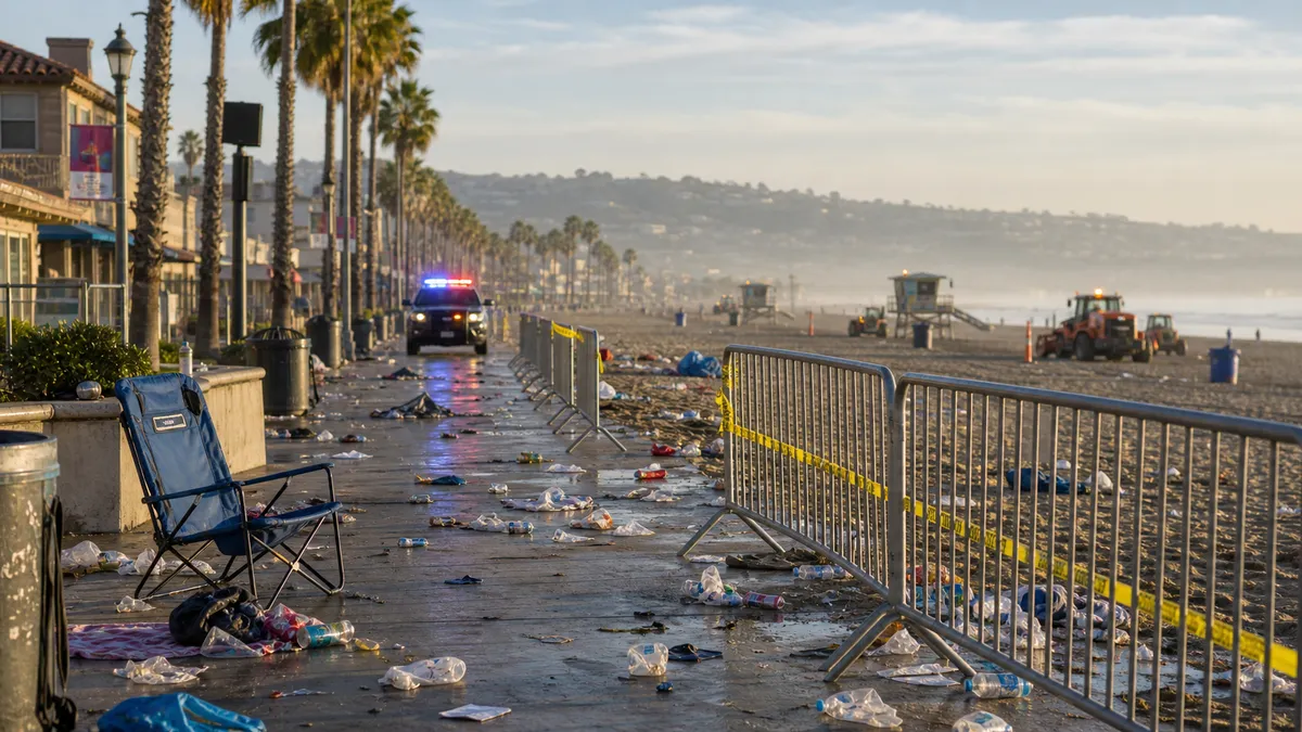 A generic beach boardwalk after a crowded holiday event with barricades and cleanup activity